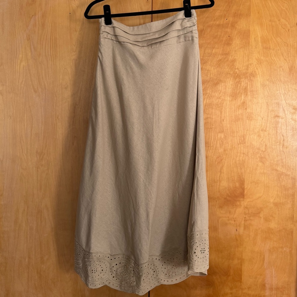 Jason Wu Embroidered Eyelet tan front ruffle handkerchief faux-wrap linen skirt - Picture 8 of 9